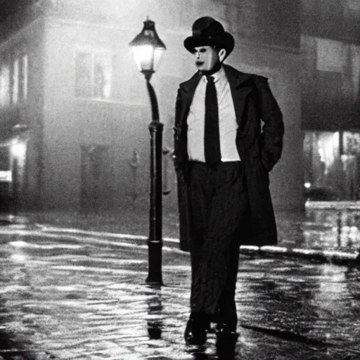 Prompt: Kirby in a fedora and trench coat on a rain soaked street at night | noir | Maltese falcon | Stanley Kubrick