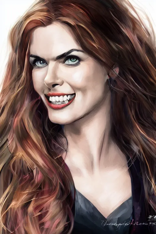 Image similar to mix of beautiful young maria shriver, mariel hemmingway, brooke shields, nicole kidman and elle macpherson as a vampire showing vampire teeth, ready to bite, thin lips, hair tied up in a pony tail, dark blonde hair, colorful, deviantart, artstation, cgsociety