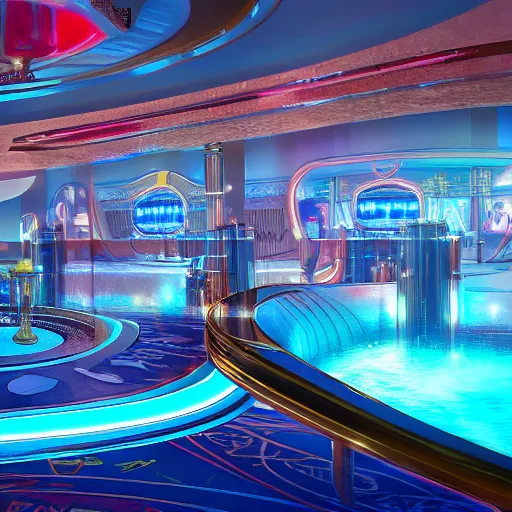 Image similar to futuristic casino, crisp, artstation, luxury, las vegas, beautiful, dim painterly lighting volumetric aquatic, 3 d concept art