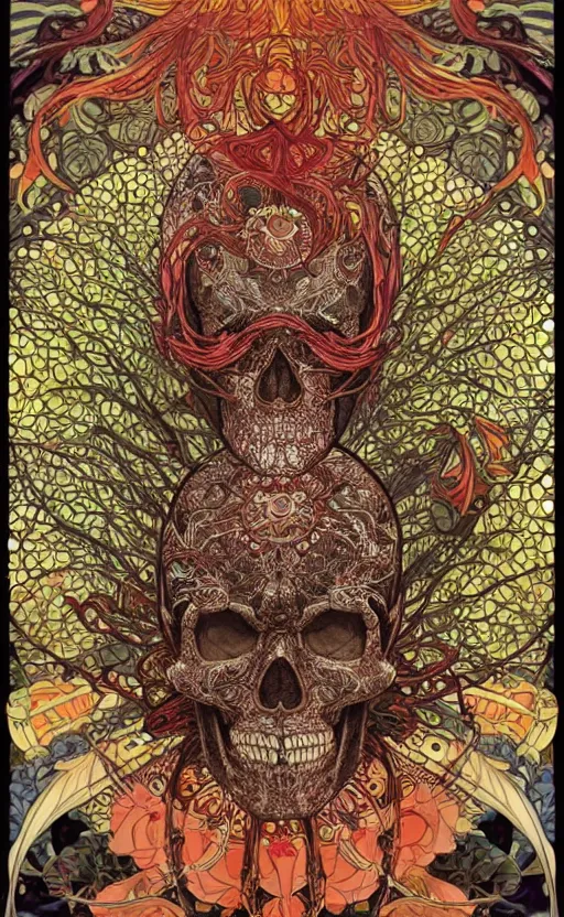 Image similar to intricate skull of a crow, background are varities of superhot chili peppers, bhut jolokia, carolina reaper, trinidad scorpion, voronoi, fibonacci sequence, leaves, by Moebius, Alphonse Mucha, peter mohrbacher, hiroshi yoshida, Art Nouveau, skate art, cgsociety, complementary colour scheme, psychedelic, complementary colour scheme, 3d