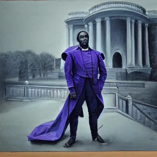 Image similar to Pusha T standing in front of Washington DC capitol hill in the 19th century wearing purple and blue robot mech armour suite in naturalistic technique, bold brushwork, light and shadow, depth. Sense of movement H 576