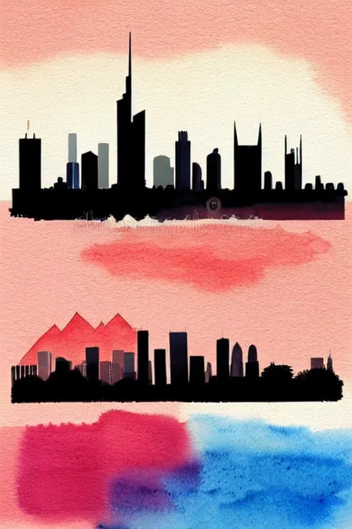 Image similar to minimalist watercolor art of frankfurt skyline at sunset, illustration, vector art