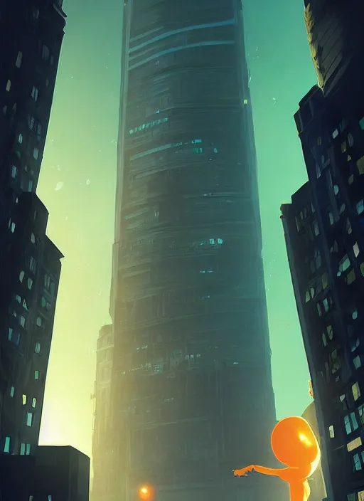 Prompt: giant orange glowing humanoid watching a giant skyscraper with thousands of floors and bright yellow windows inside a dark cavern, in the Style of Artgerm and Charlie Bowater and Atey Ghailan and Mike Mignola, hard shadows and strong rim light, Comic Cover Art