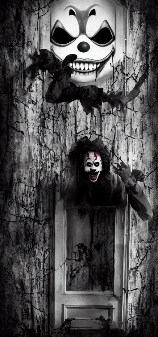 Image similar to apocalipse haunted house with a clown smiling at the window, black and white, darkness, 4 k