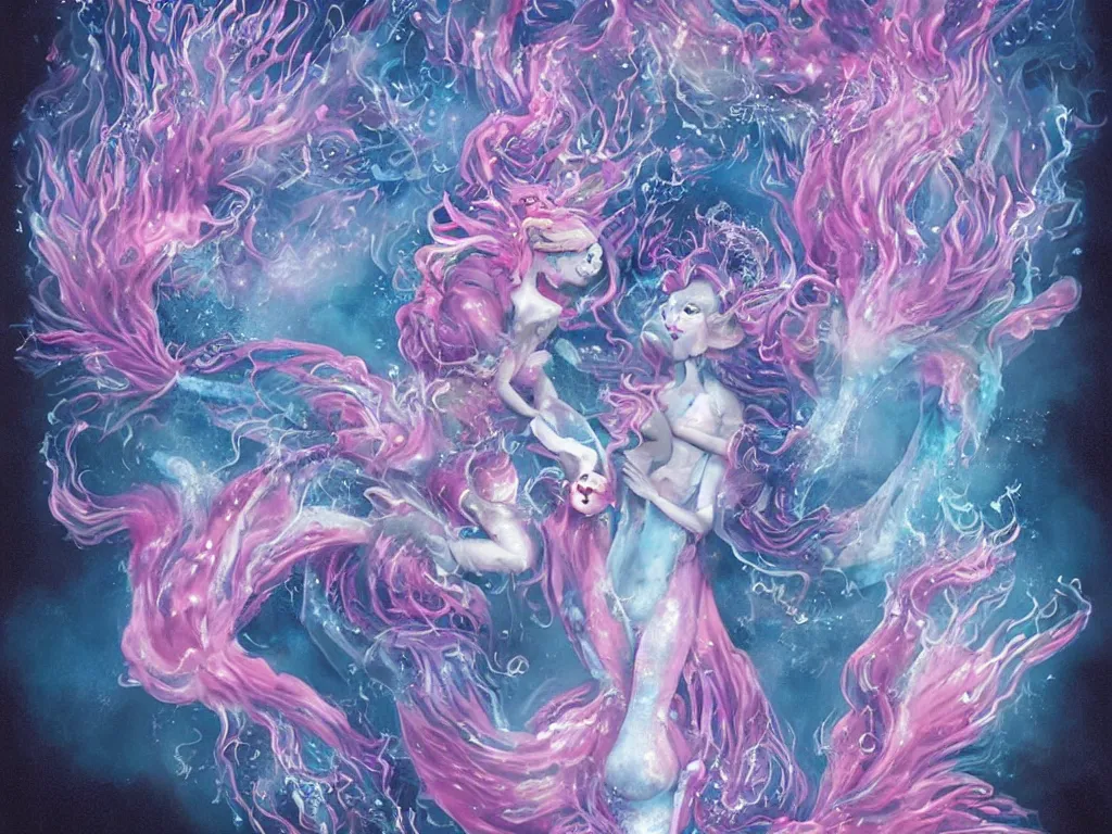 Prompt: Blue and pink fairy floss clouds in ice cream cones that explode into fire crackers and then the fire cracker sparkles settle into lines of cocaine and a dragon snorts a line and breathes fire that melts into acid and drips into a beaker that a mermaid drinks and then she turns into a demon mermaid and starts to glow by Mark Ryden