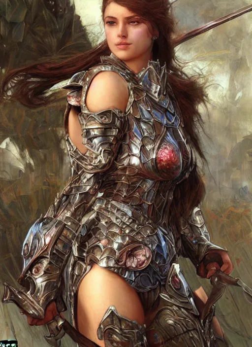 Prompt: bikini armor female knight, brave, vibrant, fantasy, intricate, high detailed, smooth, painted by edgar maxence, artgerm, greg rutowski