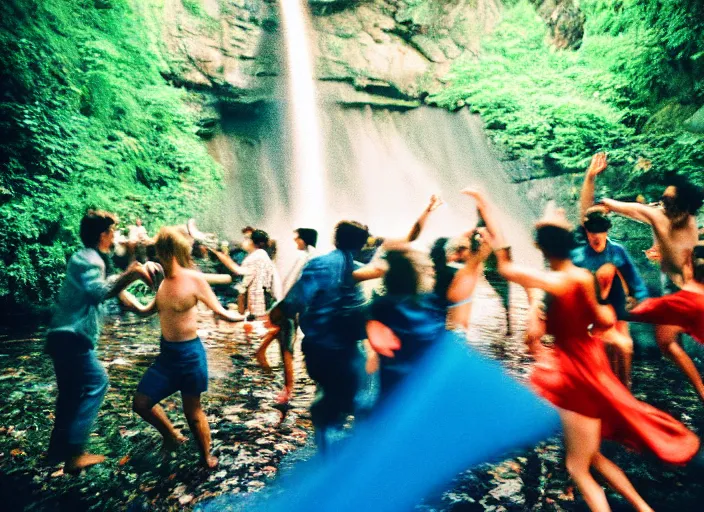 Image similar to people dancing under a waterfall highly detailed sharp zeiss lens 3 5 mm kodachrome film masterpiece ryan mcginley moonmilk fireworks trees nature running cave with blue ambient lighting