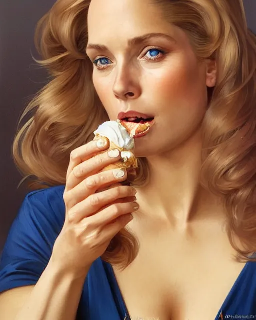 Prompt: portrait of a blonde fuller figured barbara bach from the bond film wearing a dark blue jumpsuit and eating ice creams in porto, real life skin, intricate, elegant, highly detailed, artstation, concept art, smooth, sharp focus, art by artgerm and greg rutkowski and alphonse mucha