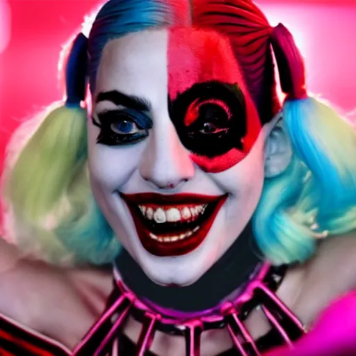 Image similar to close-up photograph of Lady Gaga portraying Harley Quinn while laughing in the movie Joker 2023, dancing pose, moody lighting, award winning photo by Annie Leibovitz, 4k