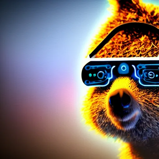 Image similar to a quokka wearing a hmd vr, cyberpunk digital painting