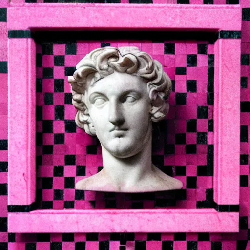 Image similar to a greco - roman marble bust sits on a pink and black checkerboard tile floor, a pink wall in the background with a framed photo of a cityscape at night