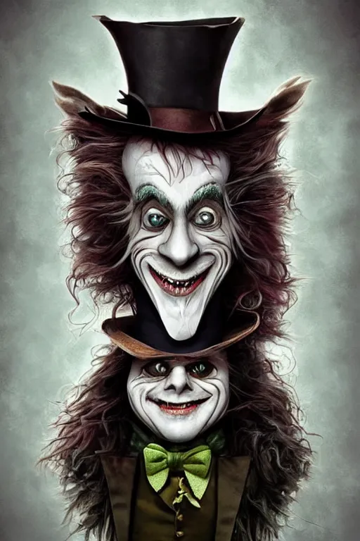 Image similar to ( ( ( ( the mad hatter ) ) ) ) by michael kutsche!!!!!!!!!!!!!!!!!!!!!!, tim burton, cg, trending on artstation