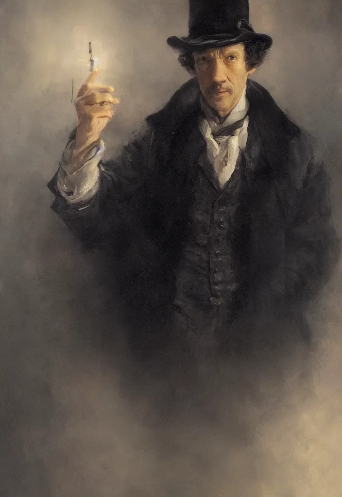 Prompt: high quality oil painting portrait of Sherlock Holmes by Rembrandt and Raymond Swanland, volumetric and perfect lighting, 4k, 8k, HD