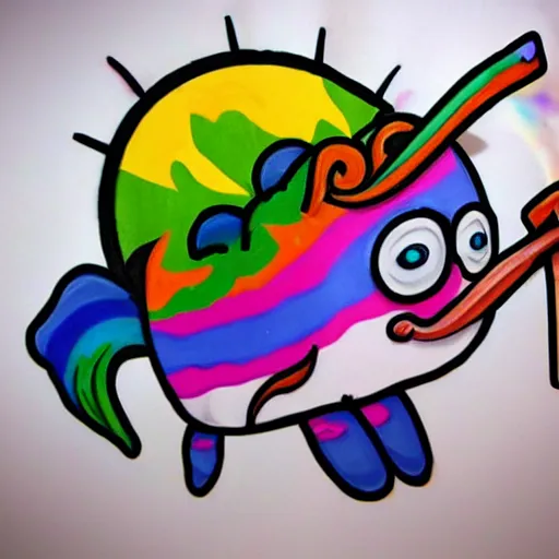 Image similar to epic colorful rainbow graffiti art of a cartoon zombie narwhal cooking bacon for a tattoo on the shoulder