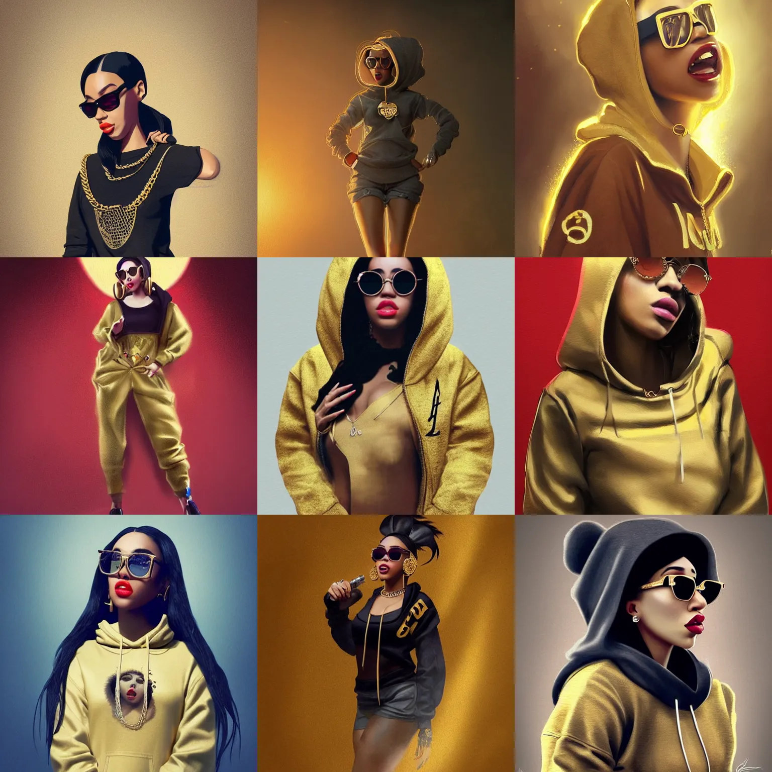 Prompt: girl full body wearing designer hoodie as doja cat as cardi b wearing gold chain and sunglasses and gold hoop earrings by greg rutkowski by artgem trending on artstation hero concept art