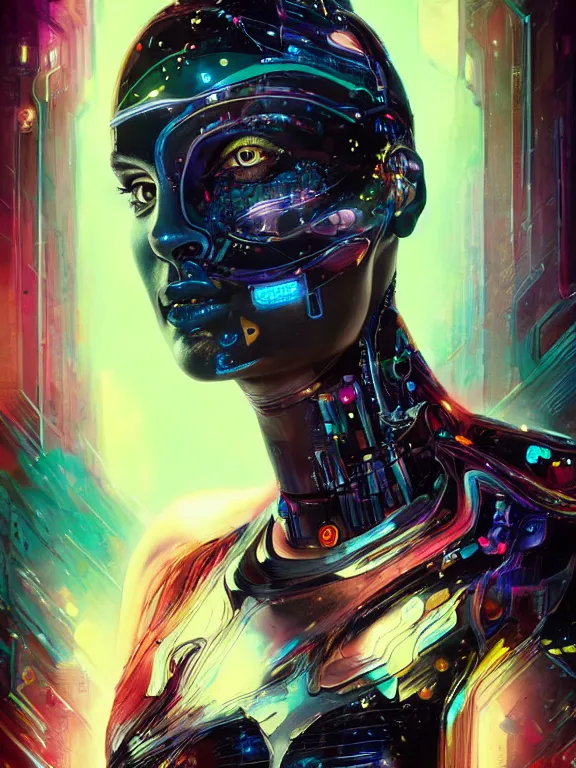 Image similar to art portrait cybernetic woman,8k,by tristan eaton,Stanley Artgermm,Tom Bagshaw,Greg Rutkowski,Carne Griffiths,trending on DeviantArt,face enhance,hyper detailed,minimalist,cybernetic, android, blade runner,full of colour,