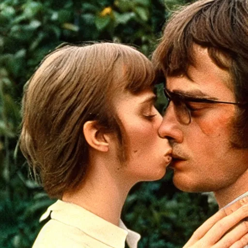 Prompt: Classic film still of a passionate kiss between two lovers, art-house aesthetic, Palme d'Or winner, 1970s