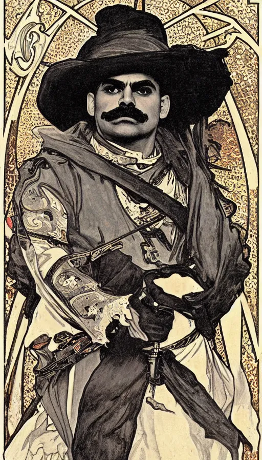 Prompt: portrait of emiliano zapata by alphonse mucha, james jean, manuel sanjulian, sharp focus, illustration