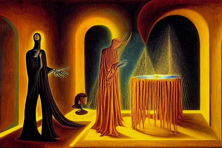 Prompt: a beautiful masterpiece painting of a cybernetic technomancer wizard consulting his AI djinn by Remedios Varo