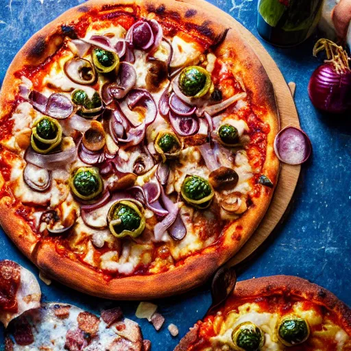 Prompt: promotional portrait photo of a delicious pizza with mozzarella, chorizo, mushrooms, bacon, blue cheese, meat balls, red onions, uhd, 8 k, award winning, commercial,