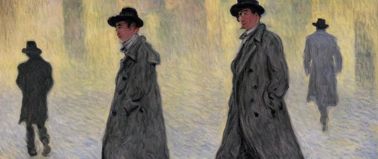 Image similar to a drunk and depressed film noir detective in a trench-coat, walking along a street; a painting by Claude Monet