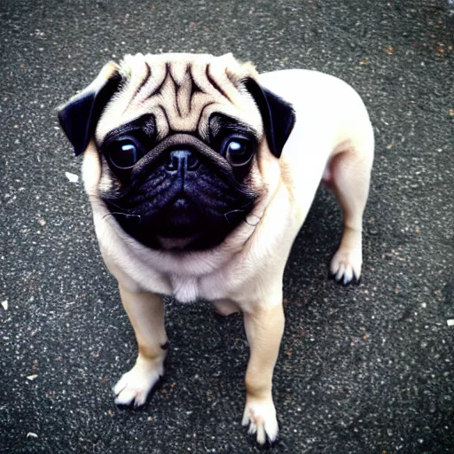 Prompt: a pug with human legs, photo