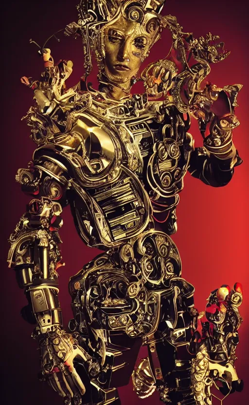 Image similar to baroque and cyberpunk style full-body sculpture of a young seductive Hispanic prince half android with a chest exposing a glowing ruby battery with porcelain arms posed like a model, glowing gold laser eyes, crown of white gears and sparkling diamonds, swirling white-colored silk fabric, robot dinosaurs. geometric elements. reflective surfaces. intricate artwork by caravaggio. art by Artgerm and Alphonse Mucha, Trending on artstation, cinematic industrial lighting, photorealistic, octane render, 8k, depth of field, 3D