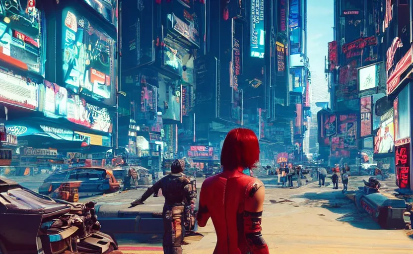 Prompt: woman that knows everything, but don't know what to do in cyberpunk 2 0 7 7 future city new york tokio, red short hair, slim body