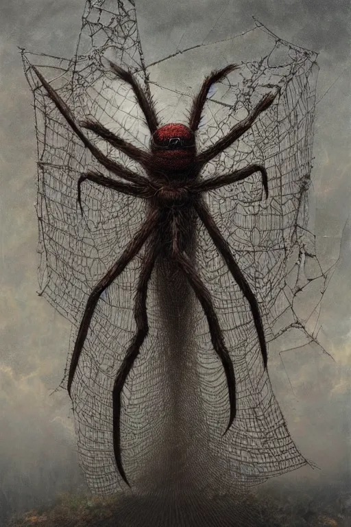 Image similar to a human caught in a giant spider web. art by tomasz alen kopera.