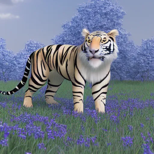 Prompt: a majestic glass tiger standing in a field, blender rendering, 3d render