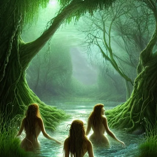 Image similar to beautiful digital fantasy illustration of A woody green field with a stream running through it, with a group of dryad women standing in the water. They seem to be preparing to submerge themselves in the cool, clear waters of the stream. a creepy creature standing in front of a mirror!, concept art by Alex Horley-Orlandelli!!, cgsociety, fantasy art, highly detailed, soft lighting, rendered in octane, masterpiece, very very very aesthetic