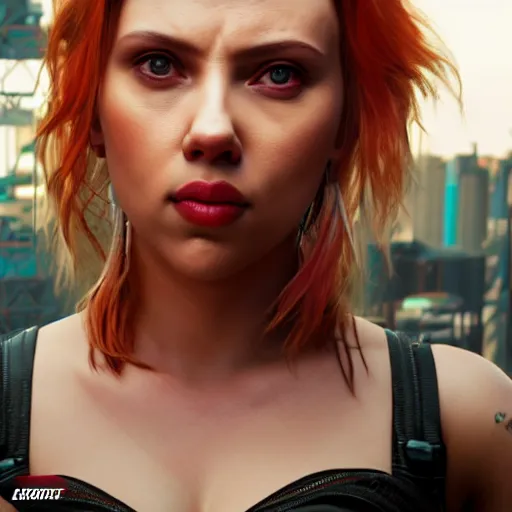 Image similar to scarlett johansson Cyberpunk 2077. CP2077. 3840 x 2160