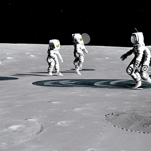 Prompt: a group of robots on the moon playing ultimate frisbee