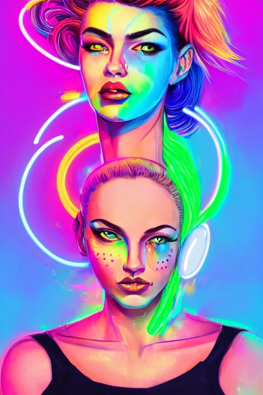 Image similar to a award winning portrait of a beautiful woman with stunning eyes in a one off shoulder croptop and cargo pants with rainbow colored hair, outlined by whirling illuminated neon lines and fine lines swirling in circles by rhads, digital art, trending on artstation