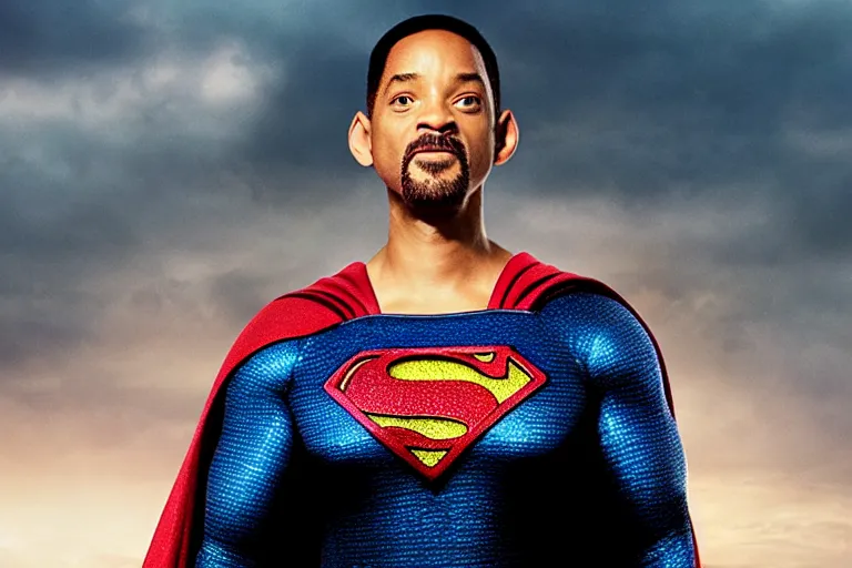 Image similar to promotional image of will smith as superman in the new superman movie, detailed face, movie still frame, promotional image, imax 70 mm footage