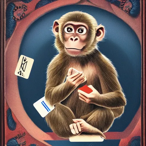 Image similar to ''A centered image of a monkey holding cards in his hand, 8k, realistic''