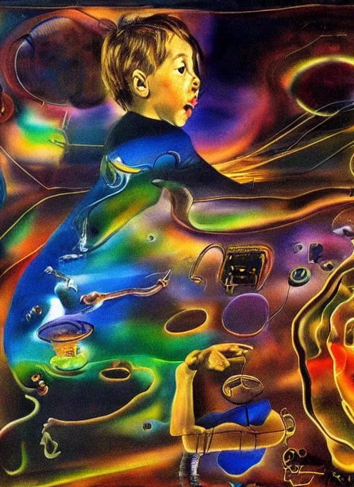 Image similar to a boy playing cdjs on a psychedelic space, by Salvador dali, da Vinci, real 3D, atmosphere, gesture drawn