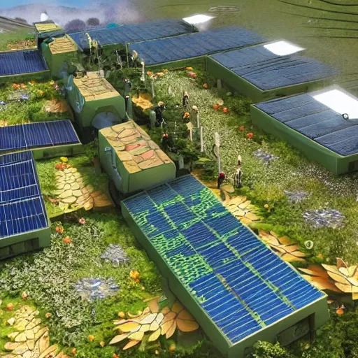 Image similar to eco village, solarpunk embodies an optimism towards the future that our society needs with solarroofs, solarpunk style