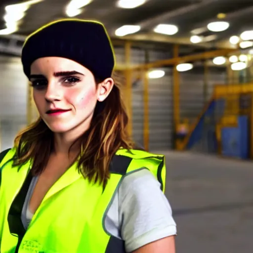 Prompt: photo, close up, emma watson in a hi vis vest, in warehouse, android cameraphone, still from industrial training video, 2 6 mm,