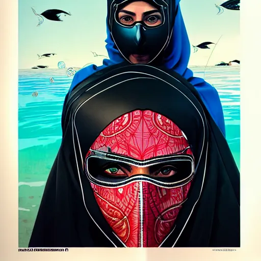 Image similar to a portrait of a saudi woman wearing a diver suit and mask with side profile blood in ocean intricate details by MARVEL comics and Sandra Chevrier-C