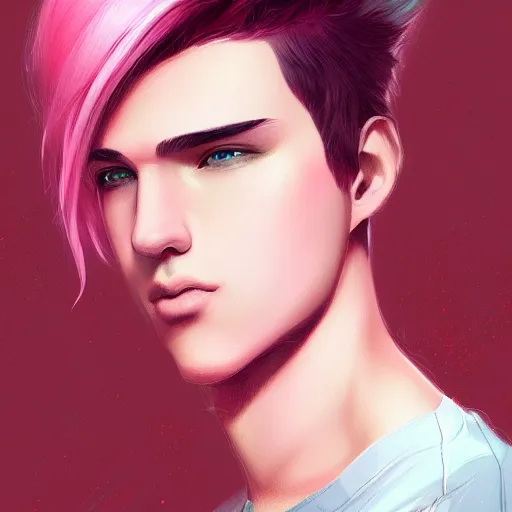 Prompt: teen boy, pink hair, gorgeous, amazing, elegant, intricate, highly detailed, digital painting, artstation, concept art, sharp focus, illustration, art by Ross tran