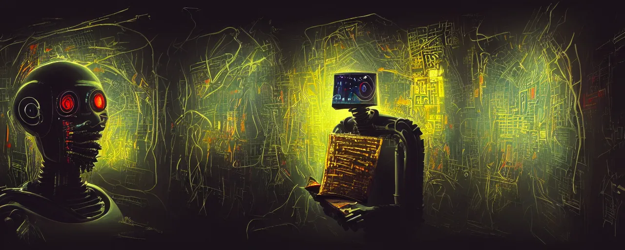 Image similar to dark scifi illustration 3 / 4 portrait of a robot reading necronomicon. cinematic lighting mad scientist style. golden ratio accidental renaissance. in the style of jean michel basquiat. graffiti art, scifi, fantasy, hyper detailed. octane render. concept art. trending on artstation