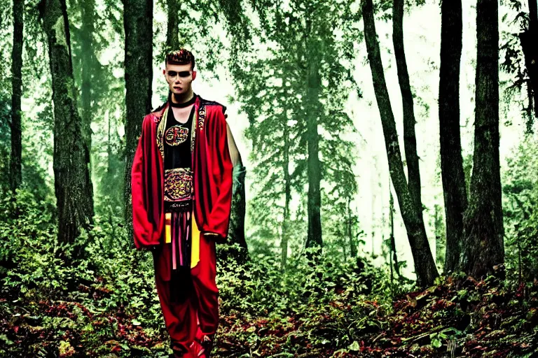 Image similar to versace avant garde male toga intricate textiles streetwear cyberpunk posing in the woods trees cloudy overcast dark late evening dramatic 3 5 mm professional color