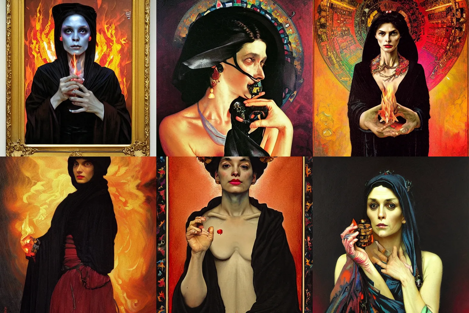 Prompt: An historical which stares at a deep black skull with in her hand! She wear a long dark robe. The background is made of multicolored fire. Painted by Caravaggio, Greg rutkowski, Sachin Teng, Thomas Kindkade, Alphonse Mucha, Norman Rockwell, Tom Bagshaw. Oil painting. Pastel colors scheme.