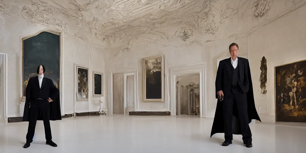 Image similar to Batman standing in giant Italian modern castle living room, clean minimalist design, that is 1300 feet tall, with very tall giant walls filled with modern art paintings, doors that are cosmic portals, photo by Annie Leibovitz