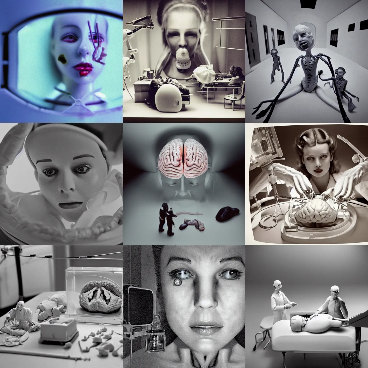 Prompt: beautiful hyperrealism three point perspective film still of medical face hugger brain surgery scene in Alice in Wonderland(1950) extreme closeup portrait in style of 1990s frontiers in translucent porclein miniature street photography seinen manga fashion edition, miniature porcelain model, focus on face, eye contact, tilt shift style scene background, soft lighting, Kodak Portra 400, cinematic style, telephoto