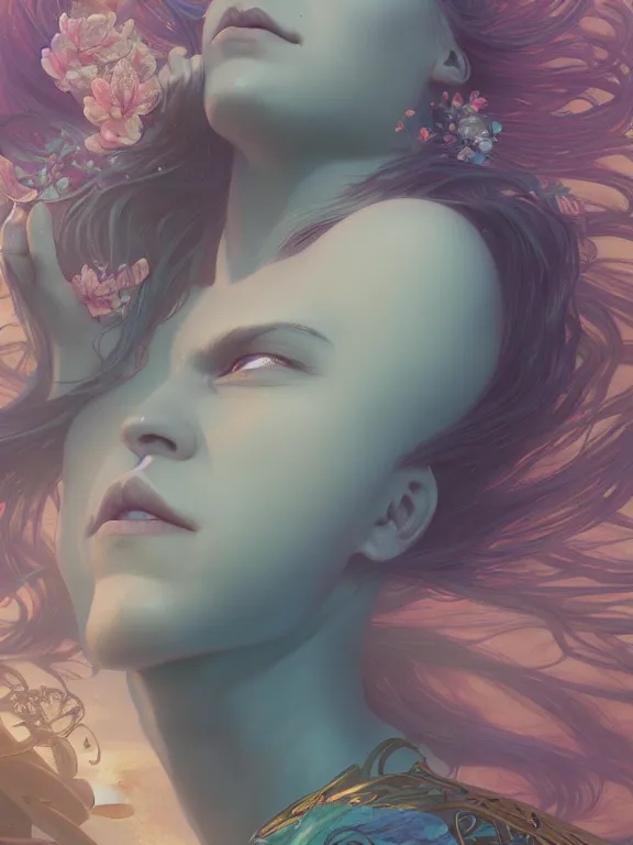 Prompt: portrait, merman, lake, flower field, dawn, god rays, detailed, ornate, octane render, rossdraws, tom bagshaw, ross tran, charlie bowater, greg rutkowski, ruan jia, alphonse mucha, 1 6 k, warm lighting, character illustration, headroom