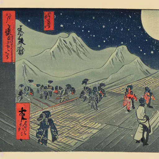 Prompt: imperial japan propaganda, colored woodblock print, late meiji period, space marines, winter landscape