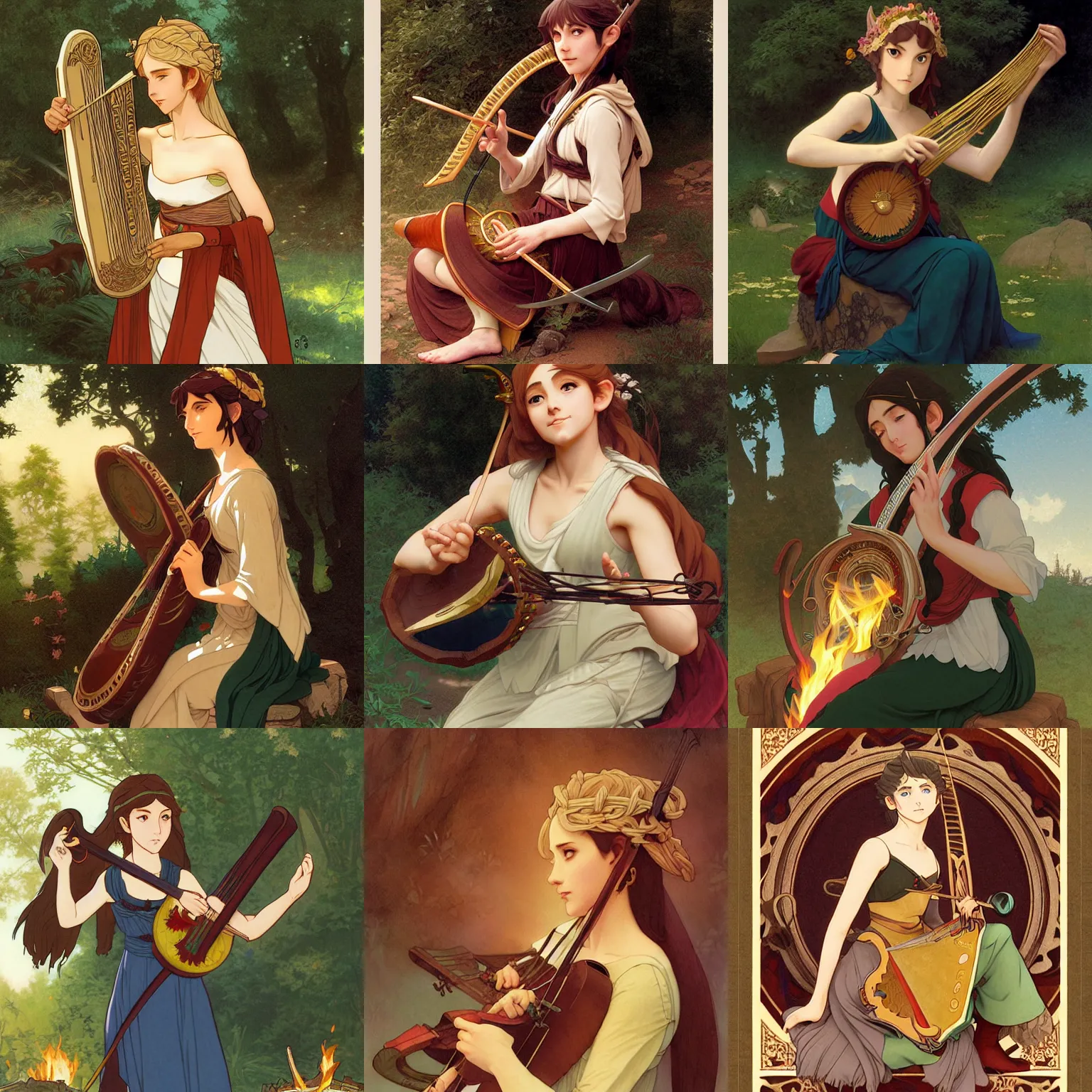 Prompt: elven bard playing a lyre by a campfire, finely illustrated face, highly detailed, colored pencil, studio ghibli, tankobon, in the style of ilya kuvshinov and krenz cushart and william - adolphe bouguereau and alphonse mucha