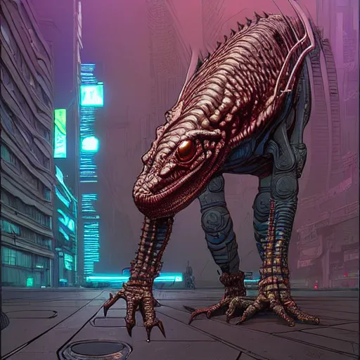 Image similar to A cyberpunk reptile cyborg on the street of a cyberpunk city art by Josan Gonzalez, sci-fi, highly detailed, digital painting, artstation, smooth, sharp focus, illustration, concept art by Josan Gonzalez and James Gurney and Mœbius